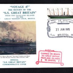 1970 Great Britain cover commemorating "Voyage 47" The Return of the SS Great Britain from the Falklands Islands to the Great Western Dock, Bristol tying 1s SS Great Britain Commentative Stamp and further cancel carried on board