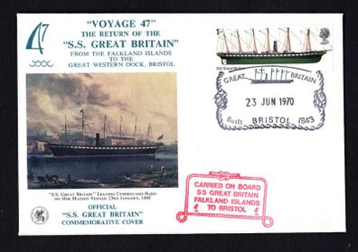 1970 Great Britain cover commemorating "Voyage 47" The Return of the SS Great Britain from the Falklands Islands to the Great Western Dock, Bristol tying 1s SS Great Britain Commentative Stamp and further cancel carried on board