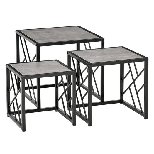 Set of 3 Nest of Tables Square Side Tables with Metal Frame, Grey (FREE POSTAGE)