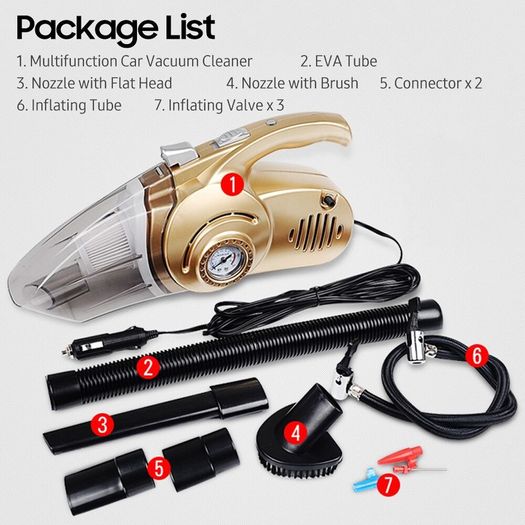 4-in-1 12V Multifunction Car Vacuum Cleaner Tire Air Pump Pressure Detection Gauge LED Light High Power Car Vacuum Cleaning Kit
