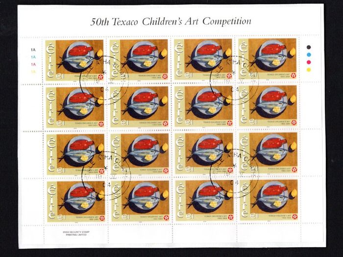 2004 Ireland Celebrating 50 Years of Children's Art (1955-2004) Commemorative Stamps Sheetlet Plate 1A1A1A1A Fine CDS Used with Dublin cancel of 30th June 2004 (First day of issued) on envelope extract