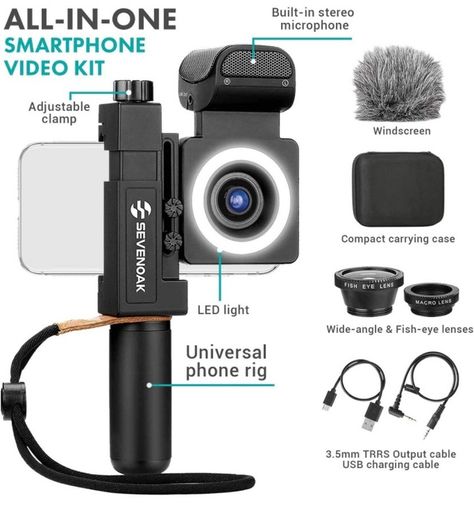 Movo - Complete Universal Smartphone Video Kit with Phone Rig, Built-in Stereo Microphone and LED Light, Wide-Angle and Fisheye Lenses - Compatible with iPhone and Android Phones (FREE POSTAGE)