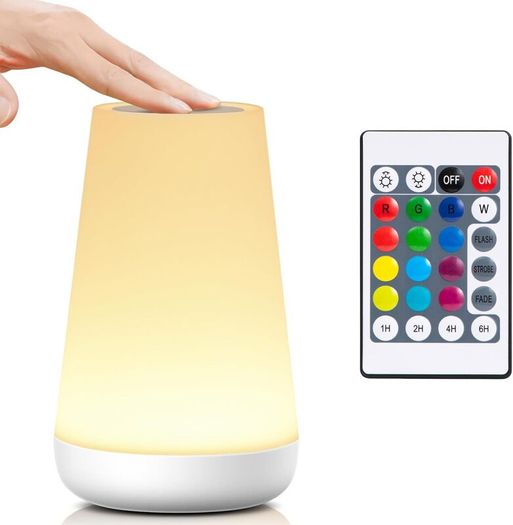 Night Light, LED Touch Bedside Table Lamp, 13 RGB Colours Changing, 5 Brightness Level Switch, Timing Function, Rechargable Remote Control Dimmable Light for Bedroom, Living Room, White