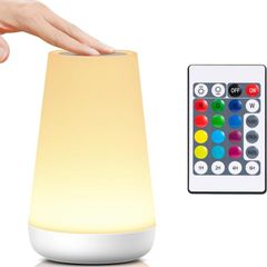Night Light, LED Touch Bedside Table Lamp, 13 RGB Colours Changing, 5 Brightness Level Switch, Timing Function, Rechargable Remote Control Dimmable Light for Bedroom, Living Room, White