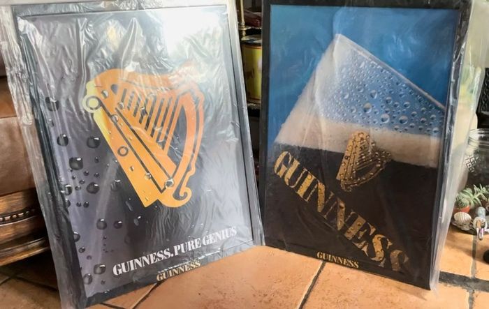 Two x Original Guinness 'GENIUS' Advert Reversible Branded Framed Original Vintage Double Sided Postes From The 1980's
