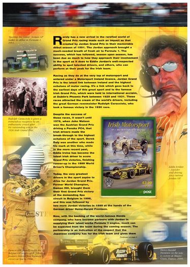 2001 Ireland Pole Position A History of Irish Grand Prix Racing. Contains Irish Motorsport Stamp Booklet, Irish Motorsport Set on First Day Cover & Centenary of the Royal Irish Automobile Club: Jordon Miniature Sheet