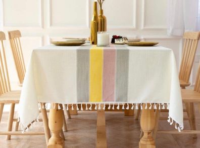 Washable Stitching Tassel Table Cloth Cotton Linen Tablecloth Rectangular Dust-Proof Table Cover (MULTIPLE SIZES, SEE DESCRIPTION"
