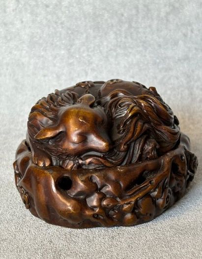 Vintage Chinese Fox And Plum Incense Burner - Patinated Bronze, Signed
