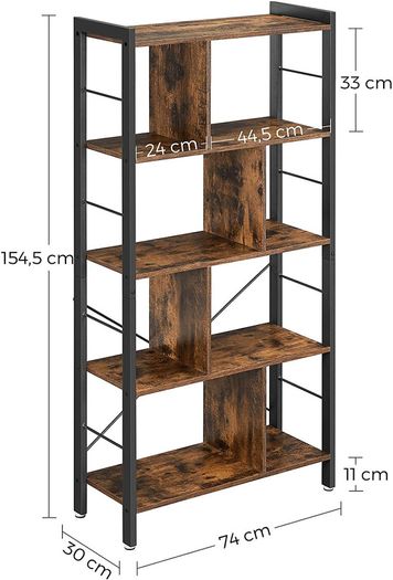 _bookshelf, shelf with 4 levels, standing shelf, bookcase, office shelf, industrial design, for living room, office, study, large, metal frame, vintage brown-black