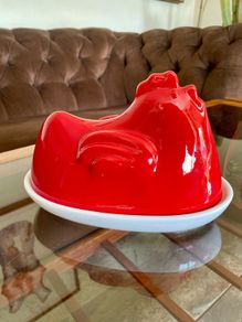 Vintage 1980s Red and White Glossy Egg Storage Hen Shaped Italy