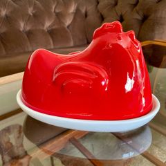 Vintage 1980s Red and White Glossy Egg Storage Hen Shaped Italy
