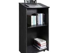 Podium Stand, 119 cm Hostess Stand with 4 Rolling Wheels, Wood Podium with Storage Shelves, and Slant Desktop