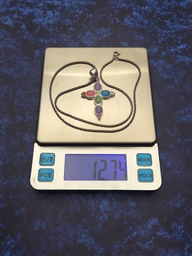 Vintage 925 Sterling Silver Multi Gemstone Cross Necklace