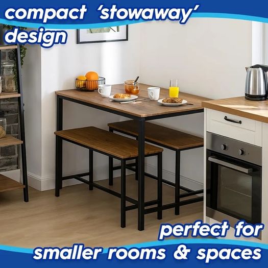 4 Seater Compact Dining Set - Brown & Black Table with 2 Benches - Small Space Saving Kitchen Dining Furniture with Wood Finish & Metal Frame for Modern Homes