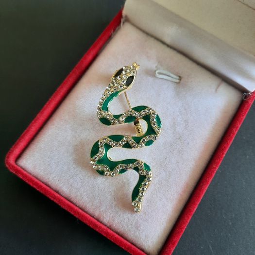 Snake Brooch Cobra Pin Gold Tone with Green & White Crystals Rattle Snake Broach