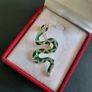 Snake Brooch Cobra Pin Gold Tone with Green & White Crystals Rattle Snake Broach Image 2