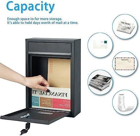 Post Boxes Wall Mounted Waterproof, Steel Mail Box with 2 Keys, Lockable Weatherproof Large Letter