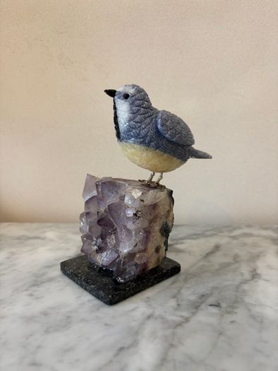 Hand-Carved Blue Tit on Raw Amethyst Cluster Base