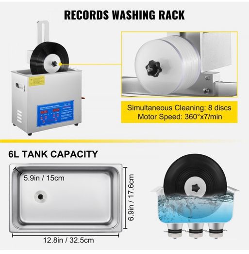 Ultrasonic Vinyl Record Cleaning Machine 6L Complete Set Drying Rack  -  Brand New