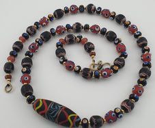Vintage Venetian Style Mix Glass Beads With Handmade Glass Pendant Necklace