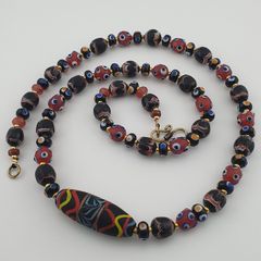 Vintage Venetian Style Mix Glass Beads With Handmade Glass Pendant Necklace