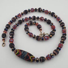 Vintage Venetian Style Mix Glass Beads With Handmade Glass Pendant Necklace
