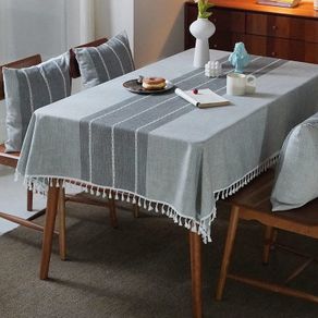 Middle Embroidery Table Cloth Washable Cotton Linen Tassel Tablecloth, Rectangle Wrinkle Free Anti-Fading Table Cover for Kitchen Dinning Thanksgiving Christmas (55 x 102 Inch, Gray)