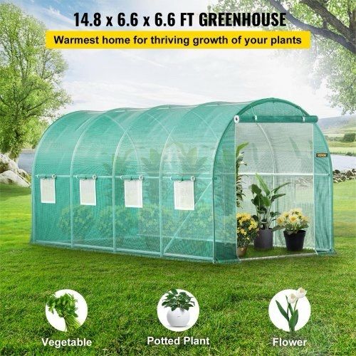 NEW SALE | Walk-in Tunnel Greenhouse, 15 x 7 x 7 ft Portable Plant Hot House w/ Galvanized Steel Hoops, 1 Top Beam, 2 Diagonal Poles, 2 Zippered Doors & 8 Roll-up Windows, Green