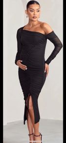 Black Maternity Midi Ruched Dress