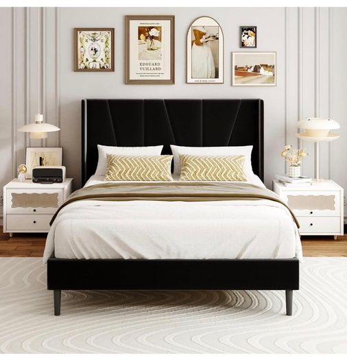 Double Bed Frame with Headboard, Velvet Geometric Tufted Upholstered Platform Bed Frames, Contemporary Mattress Foundation, No Box Spring Needed, Noise Free, Easy Assembly, Black