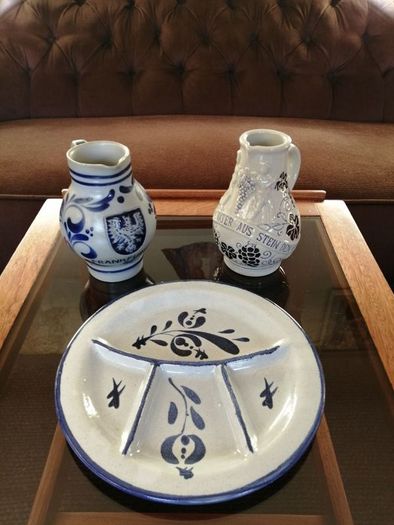 Set of Two Vintage German Salt Glazed stoneware Jugs and a French Fondue or Nibbles Plate.