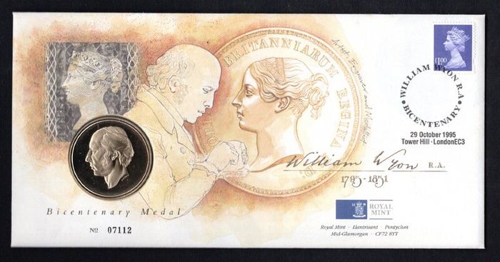 1995 Great Britain William Wyon Bicentenary Philatelic Numismatic Cover (PNC) Cover including Bicentenary Medal and Definitive Stamps