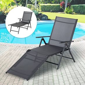 Foldable Reclining Sun Lounger, Grey Textiline Garden Loungers Reclining Garden Chair with 7 Back & 2 Leg Adjustable Positions (Gray)