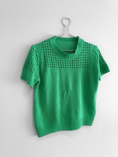 Pre Owned Bright Green Pointelle Short Sleeve Fine Knit Top