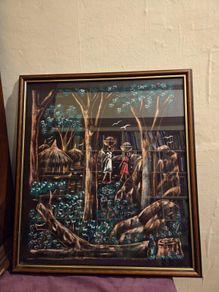 Vintage Haitian Art Painting on Fabric - Signed
