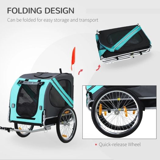 Folding Dog Bike Trailer Pet Cart Carrier for Bicycle Travel in Steel Frame with Hitch Coupler - Light Blue & Grey
