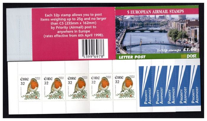 1999 Ireland European (River Liffey) Definitive Stamp Booklet Mint Never Hinged (MNH). Hibernian HB71. Scan shows front and back of booklet however advert is for single booklet