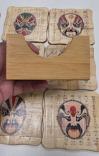 Vintage Chinese Opera Mask Bamboo Coasters Set of 6 with matching wood holder