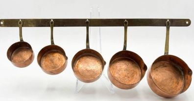 Vintage  Copper & Brass Nesting Pot Set with Hanging Wall Rack (Set of 5)