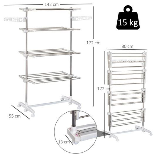 4-Layer Folding Cloth Rail, Adjustable Garment Rack with Wheels for Bedroom, Balcony, Silver