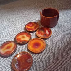 Vintage natural agate and wooden coaster set