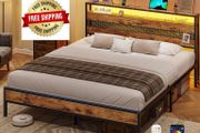 4ft6 Double Bed Frame with Wooden Headboard, Metal Platform Bed Frame with LED Lights and Charging Station,Sturdy Metal Slats Support, UnderBed Storage,Easy Assemble,No Mattress (Double-135x190cm)