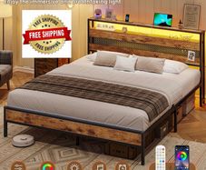 4ft6 Double Bed Frame with Wooden Headboard, Metal Platform Bed Frame with LED Lights and Charging Station,Sturdy Metal Slats Support, UnderBed Storage,Easy Assemble,No Mattress (Double-135x190cm)