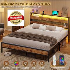 4ft6 Double Bed Frame with Wooden Headboard, Metal Platform Bed Frame with LED Lights and Charging Station,Sturdy Metal Slats Support, UnderBed Storage,Easy Assemble,No Mattress (Double-135x190cm)