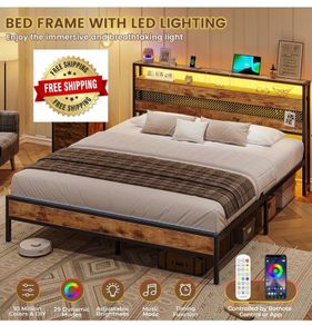 4ft6 Double Bed Frame with Wooden Headboard, Metal Platform Bed Frame with LED Lights and Charging Station,Sturdy Metal Slats Support, UnderBed Storage,Easy Assemble,No Mattress (Double-135x190cm)