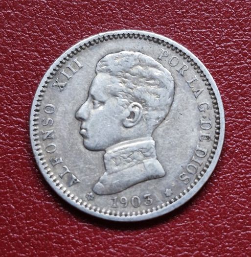 1903 S M V Spain 1 Peseta - Alfonso XIII 4th portrait Silver coin