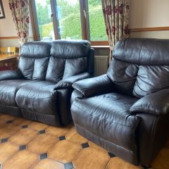 Brown Leather Recliner Suite - Sofa and Armchairs
