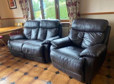 Brown Leather Recliner Suite - Sofa and Armchairs