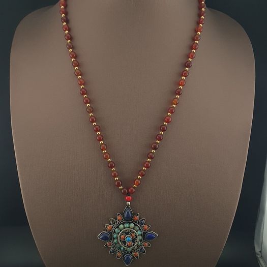 Antique Style Brass & Lapislazuli,Coral,Turqouise Pendant with Carnelian Beads Necklace