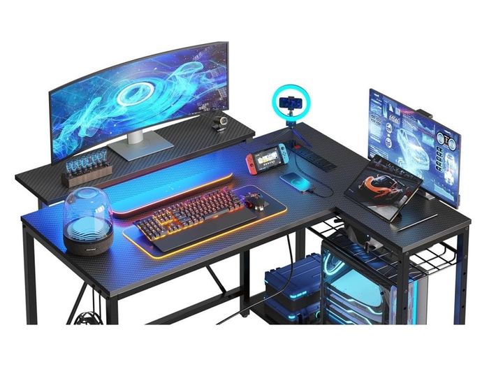 106.5CM L-Shaped Gaming Desk with RGB LED Lights Carbon Fibre Surface, 3 Power Outlets & 2 USB Ports, Reversible Corner Desk with Shelves & Hooks for Home Office & Small Spaces